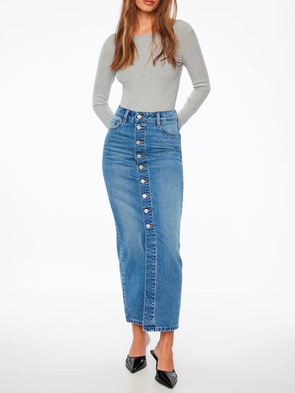Dynamite Mid Wash Button-Front Denim Pencil Skirt